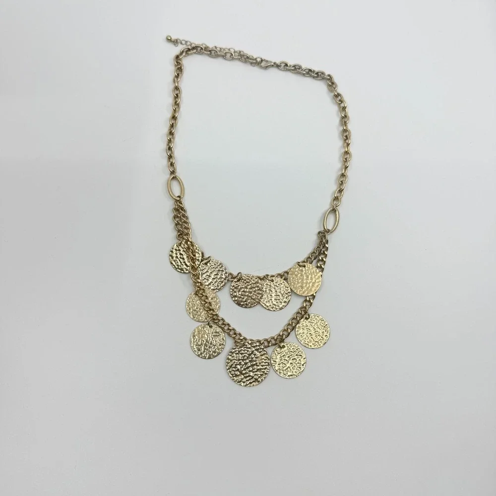 Vintage Boho Gold Tone Hammered Disc Bib Necklace Y2K Statement Chunky Chain
